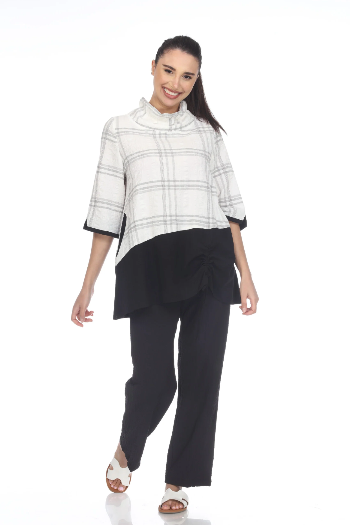 MOONLIGHT Cowl Neck White & Black Plaid Print Top - 3522