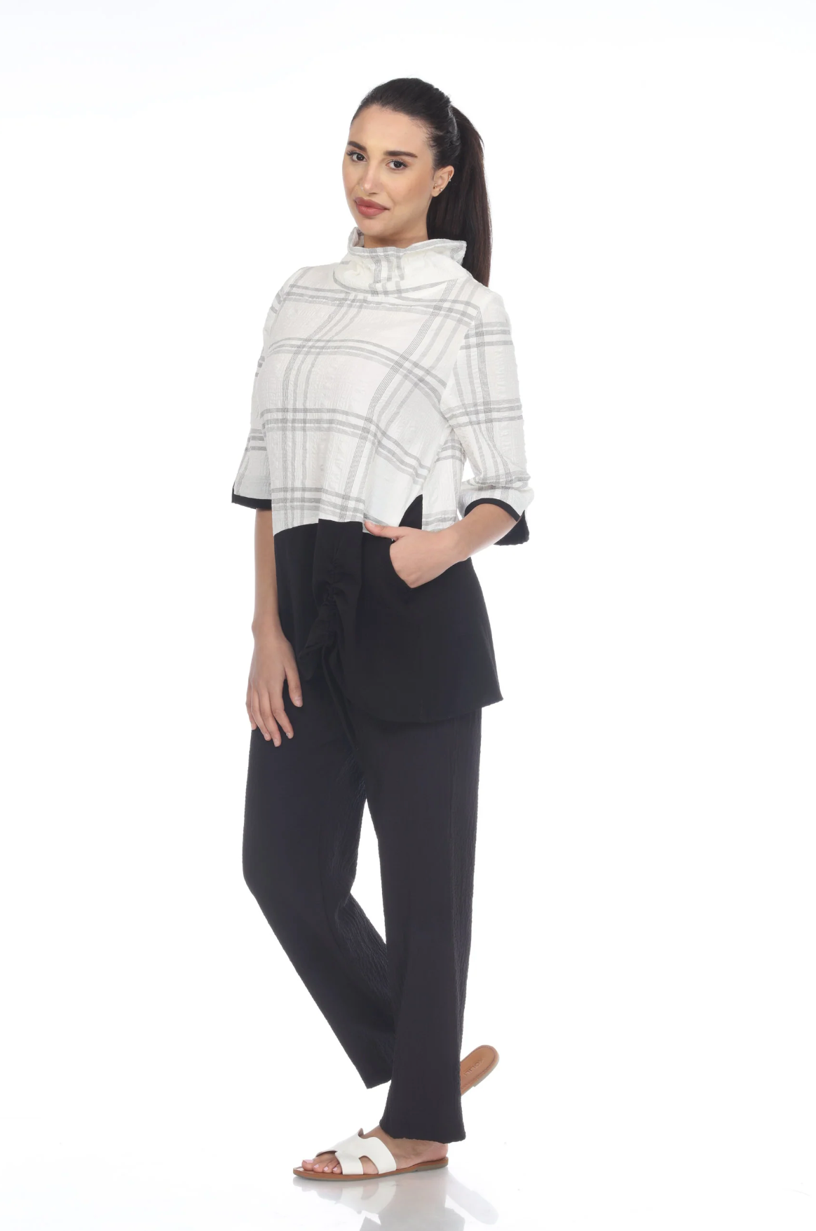 MOONLIGHT Cowl Neck White & Black Plaid Print Top - 3522