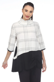 MOONLIGHT Cowl Neck White & Black Plaid Print Top - 3522