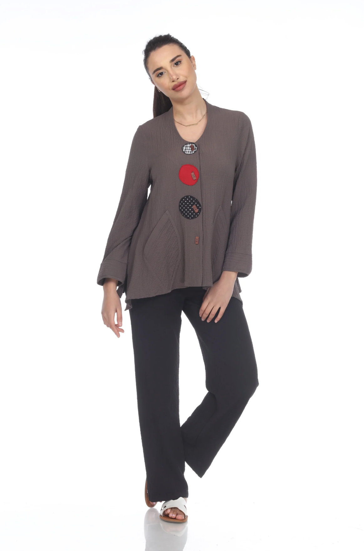 MOONLIGHT Brown Mixed Media Dot Print Button Down Top - 7962 NEW
