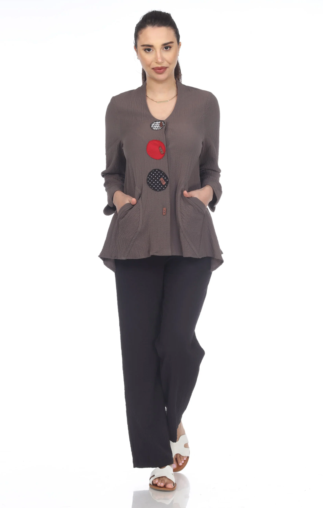 MOONLIGHT Brown Mixed Media Dot Print Button Down Top - 7962 NEW