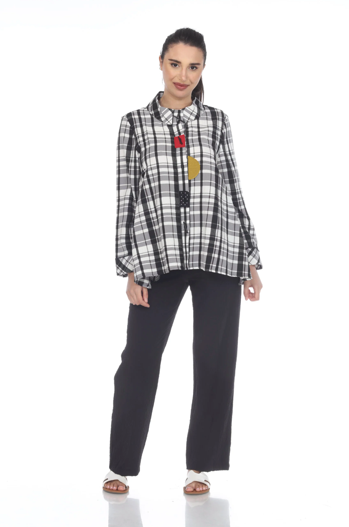 MOONLIGHT White & Black Plaid Color Block Button Down Top - 9001 NEW