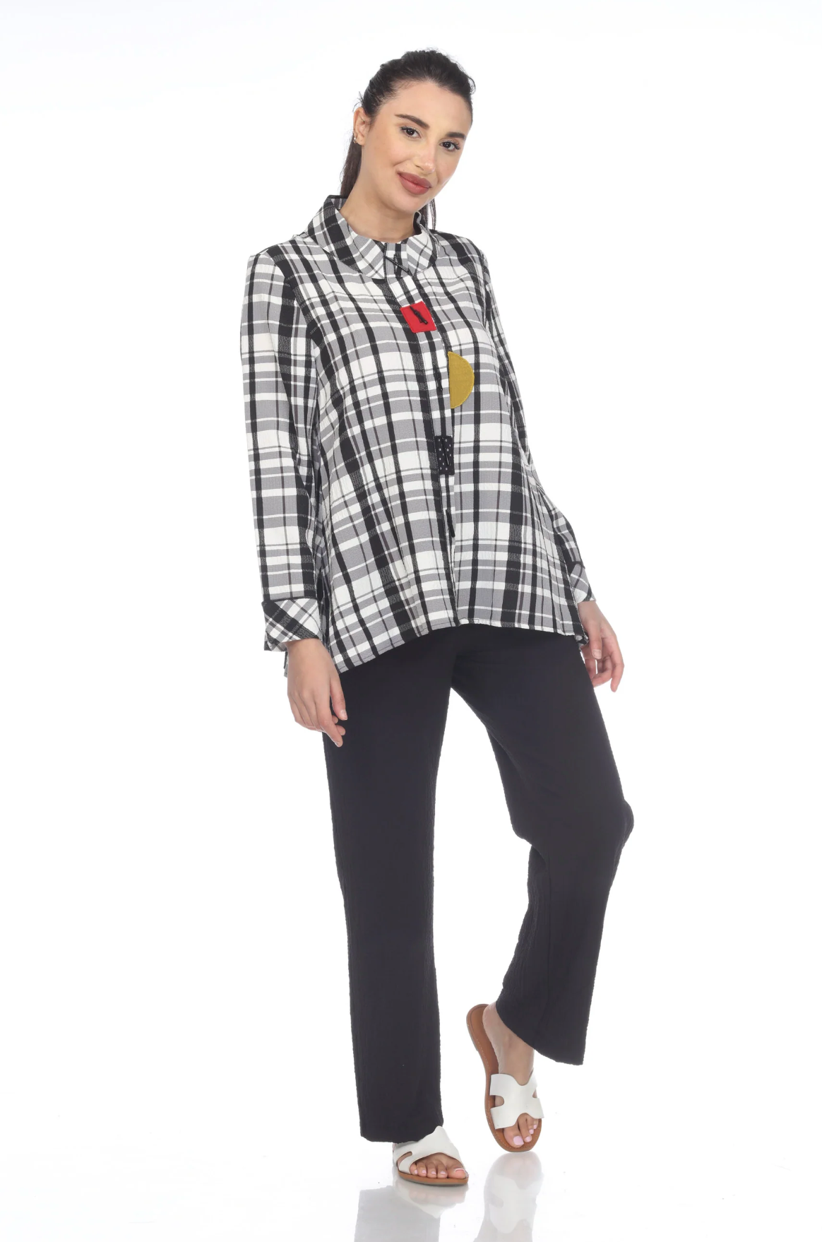 MOONLIGHT White & Black Plaid Color Block Button Down Top - 9001 NEW