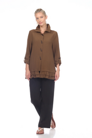 MOONLIGHT Grey Button Front Ruffle Hem Shirt-Jacket - 2315-GREY (NOT OLIVE)