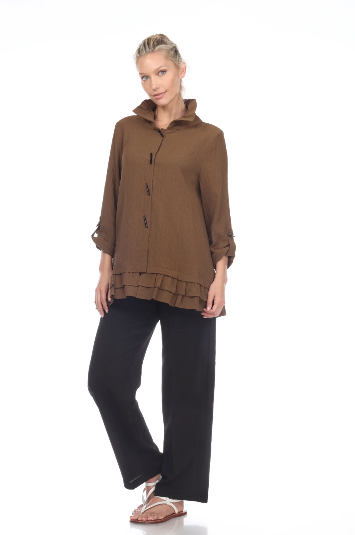 MOONLIGHT Grey Button Front Ruffle Hem Shirt-Jacket - 2315-GREY (NOT OLIVE)