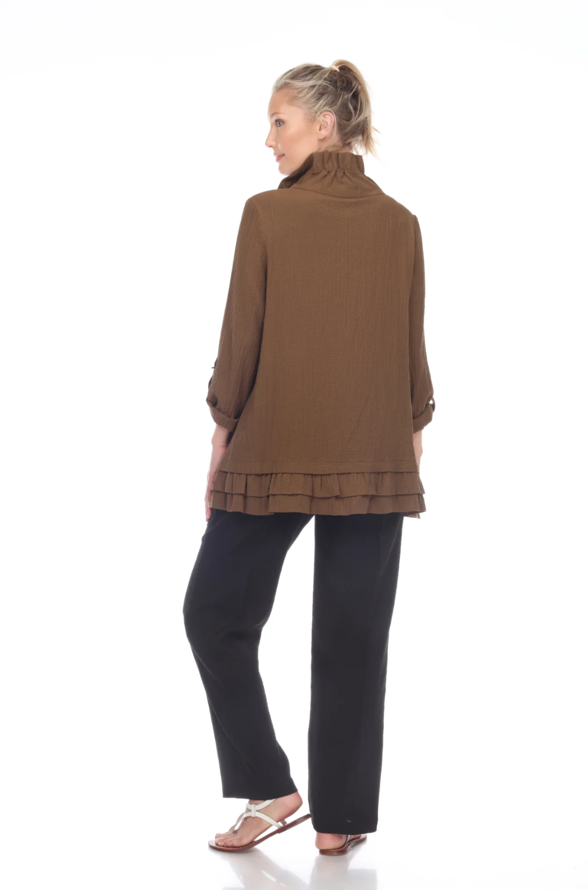 MOONLIGHT Grey Button Front Ruffle Hem Shirt-Jacket - 2315-GREY (NOT OLIVE)