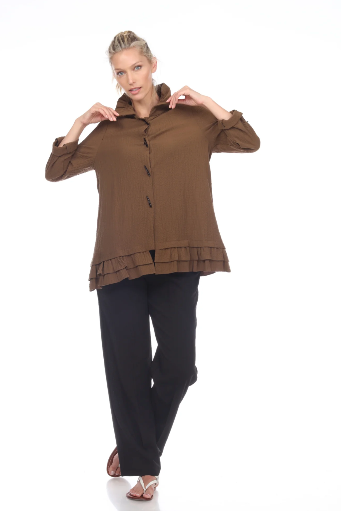 MOONLIGHT Olive Button Front Ruffle Hem Shirt-Jacket - 2315-OLIVE