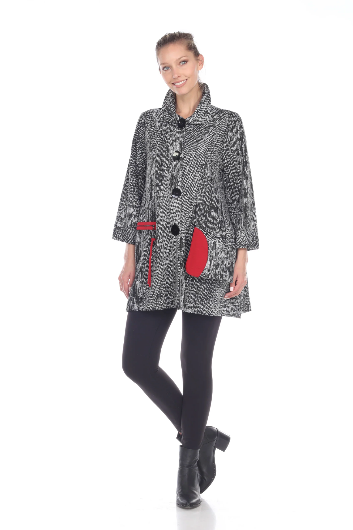 MOONLIGHT Grey & Red Accent Button Front Sweater Knit Jacket - 2706-GRY
