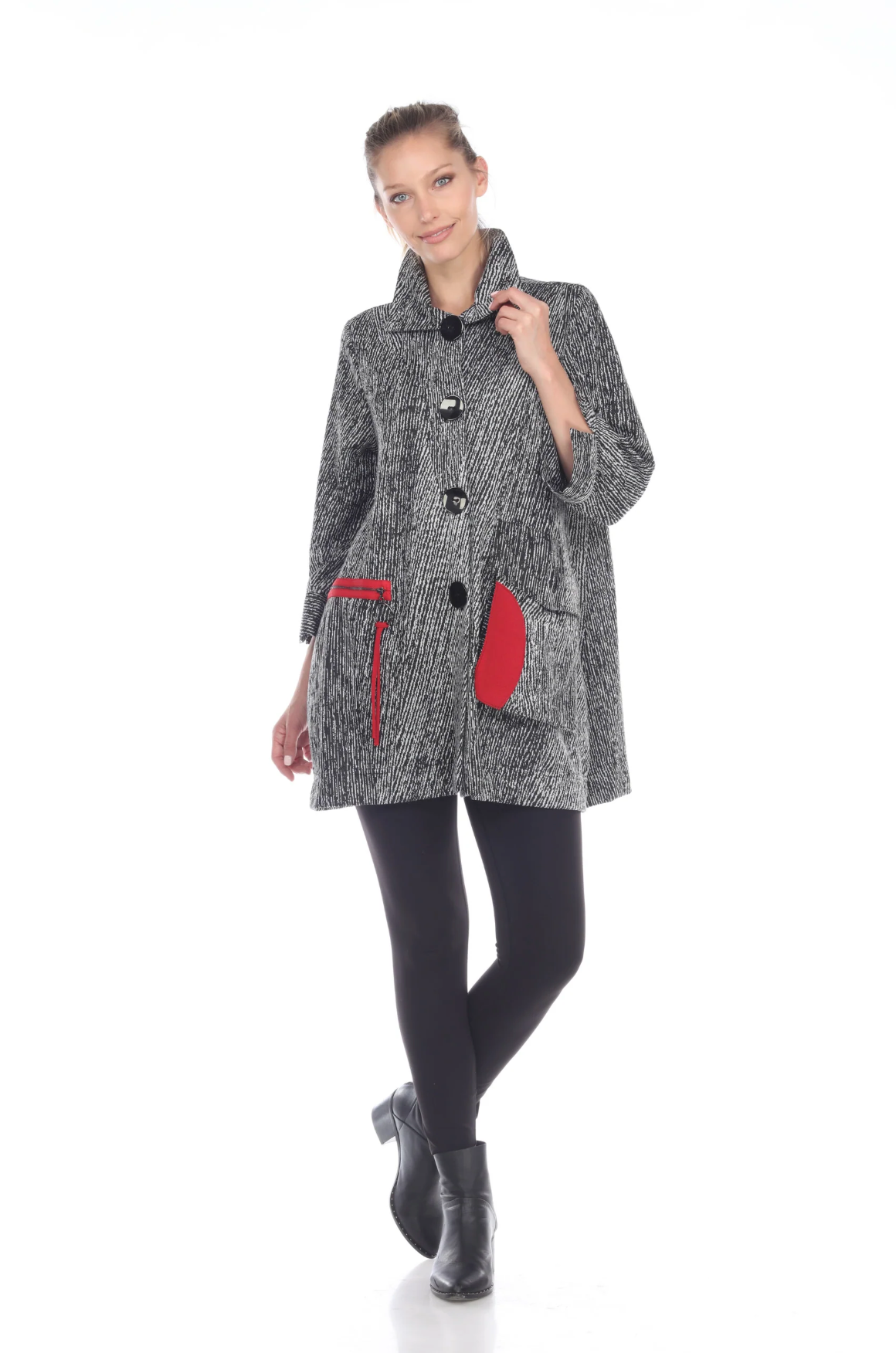 MOONLIGHT Grey & Red Accent Button Front Sweater Knit Jacket - 2706-GRY