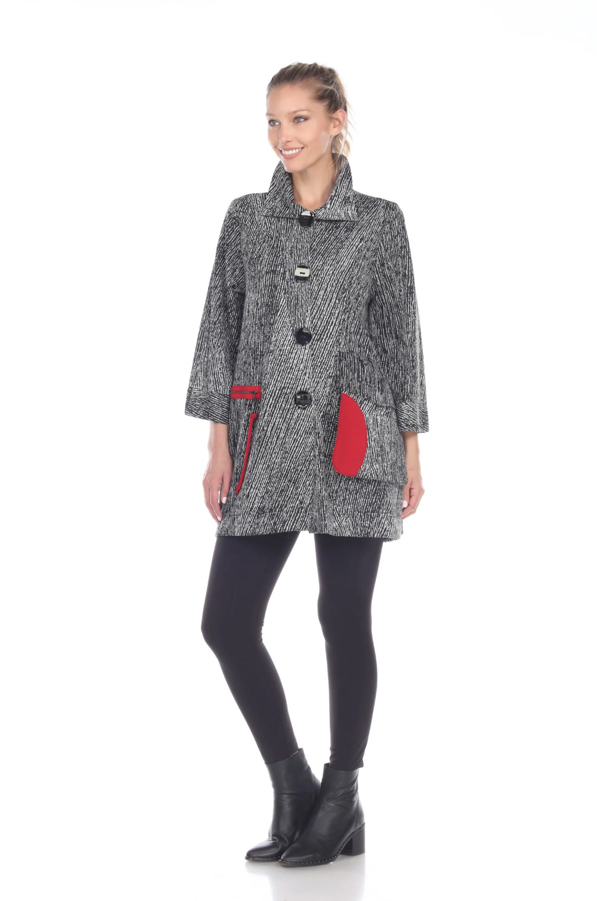 MOONLIGHT Grey & Red Accent Button Front Sweater Knit Jacket - 2706-GRY