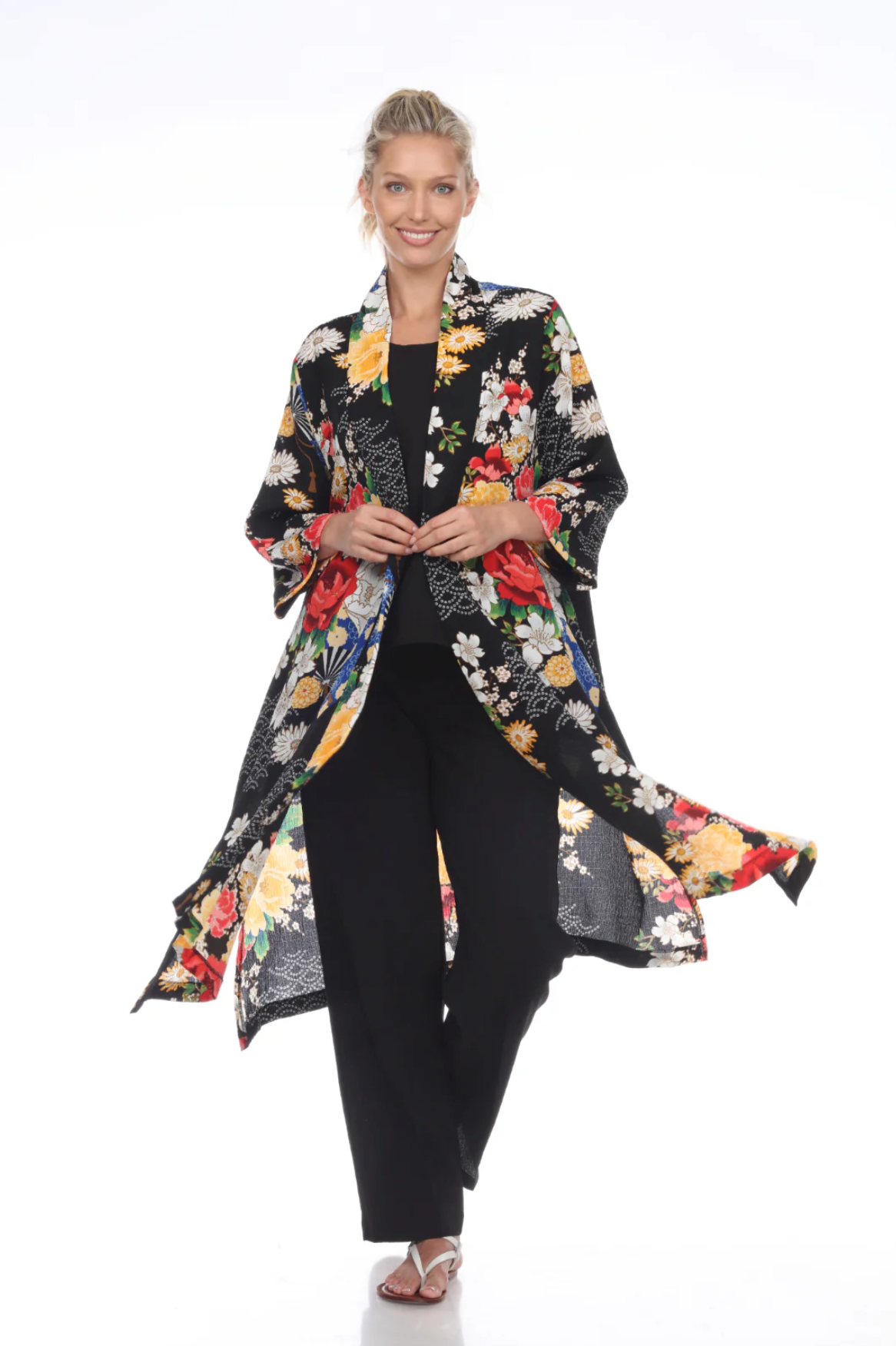 MOONLIGHT Black & Floral Print Long Flowy Open Front Jacket - 3029-BLK