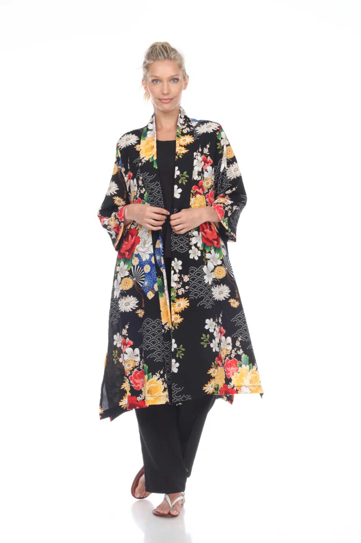 MOONLIGHT Black & Floral Print Long Flowy Open Front Jacket - 3029-BLK
