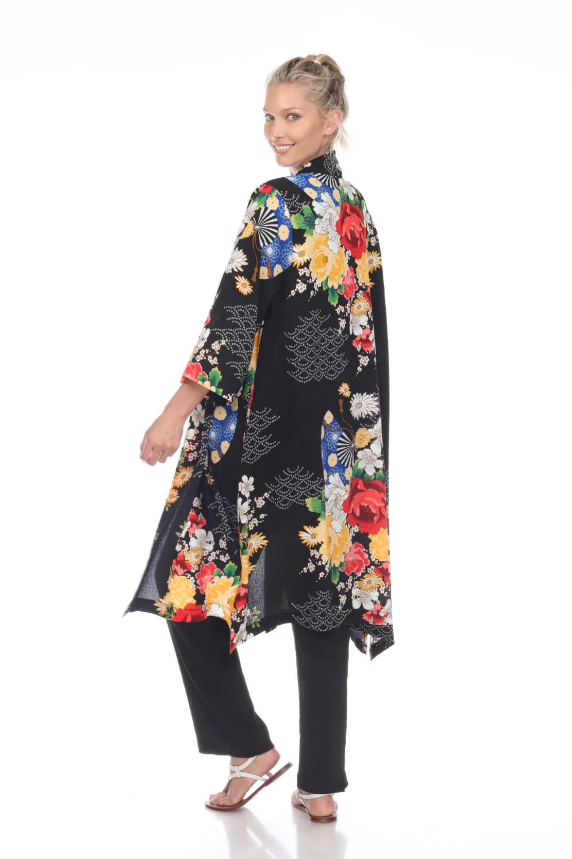 MOONLIGHT Black & Floral Print Long Flowy Open Front Jacket - 3029-BLK