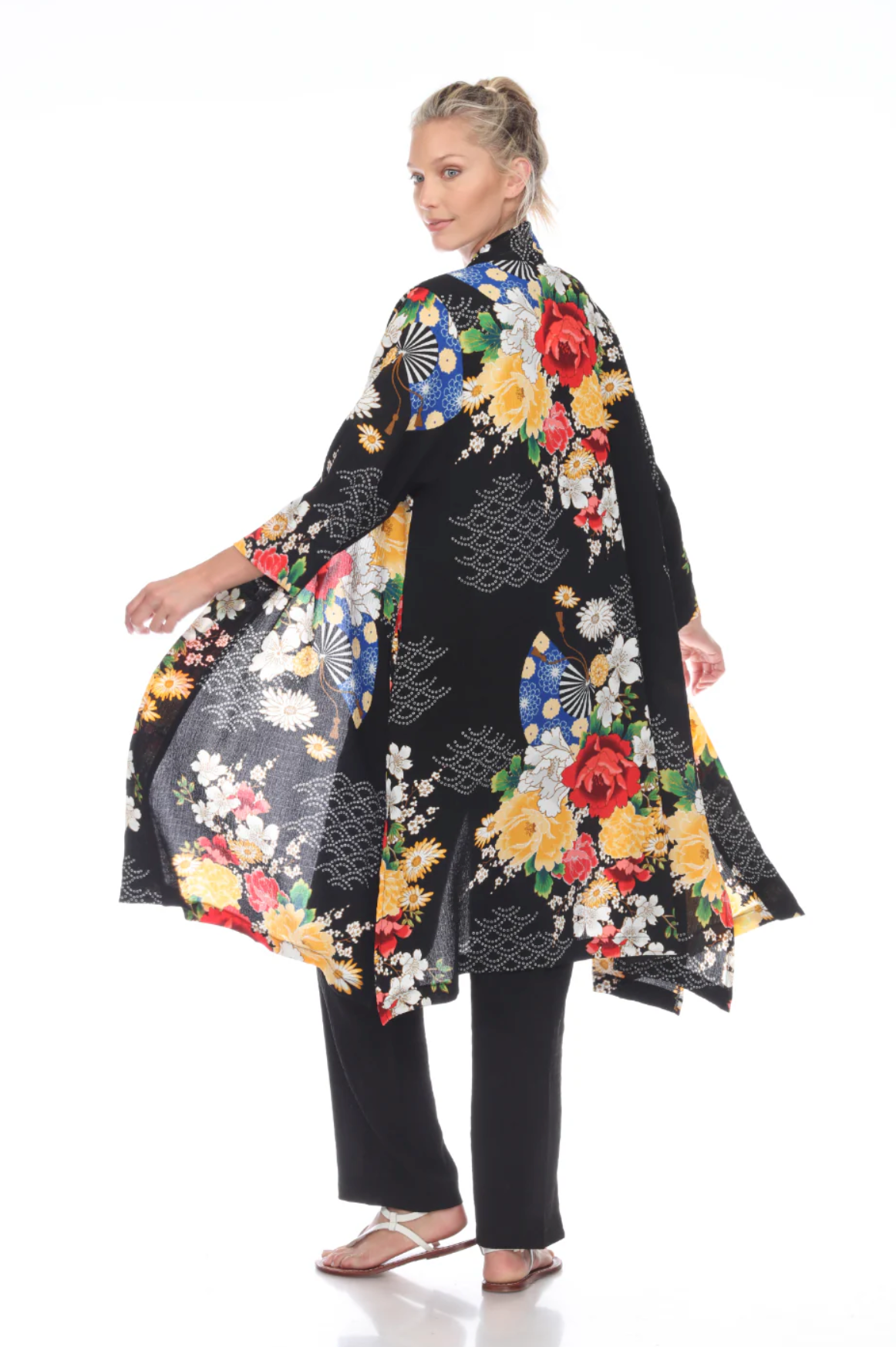 MOONLIGHT Black & Floral Print Long Flowy Open Front Jacket - 3029-BLK