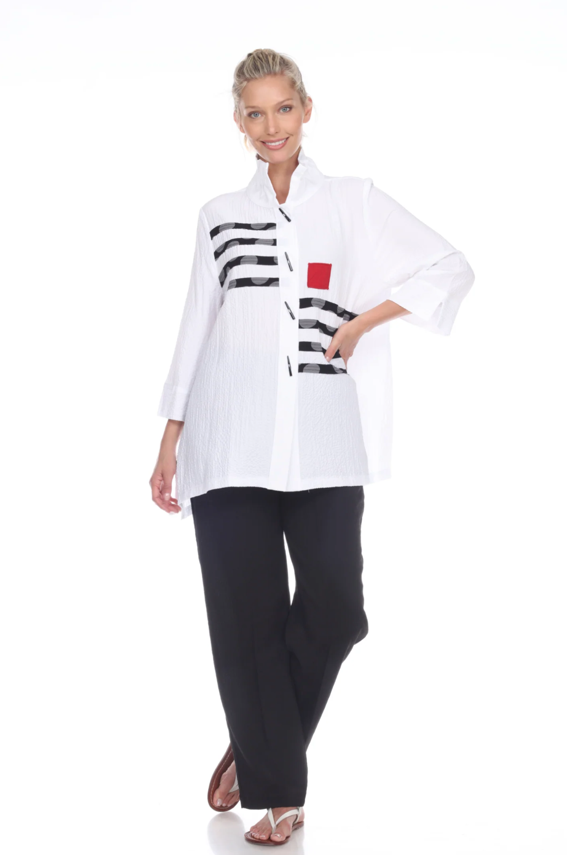 MOONLIGHT White Stripe Polka-Dot Button Front Shirt Jacket - 2784