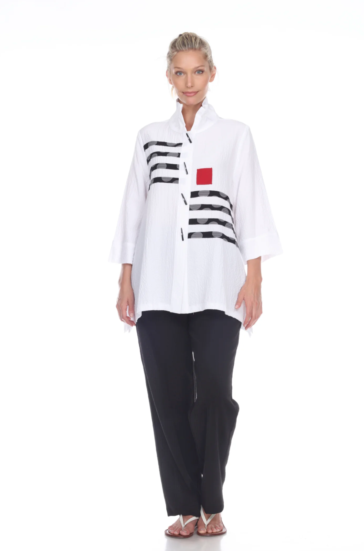 MOONLIGHT White Stripe Polka-Dot Button Front Shirt Jacket - 2784