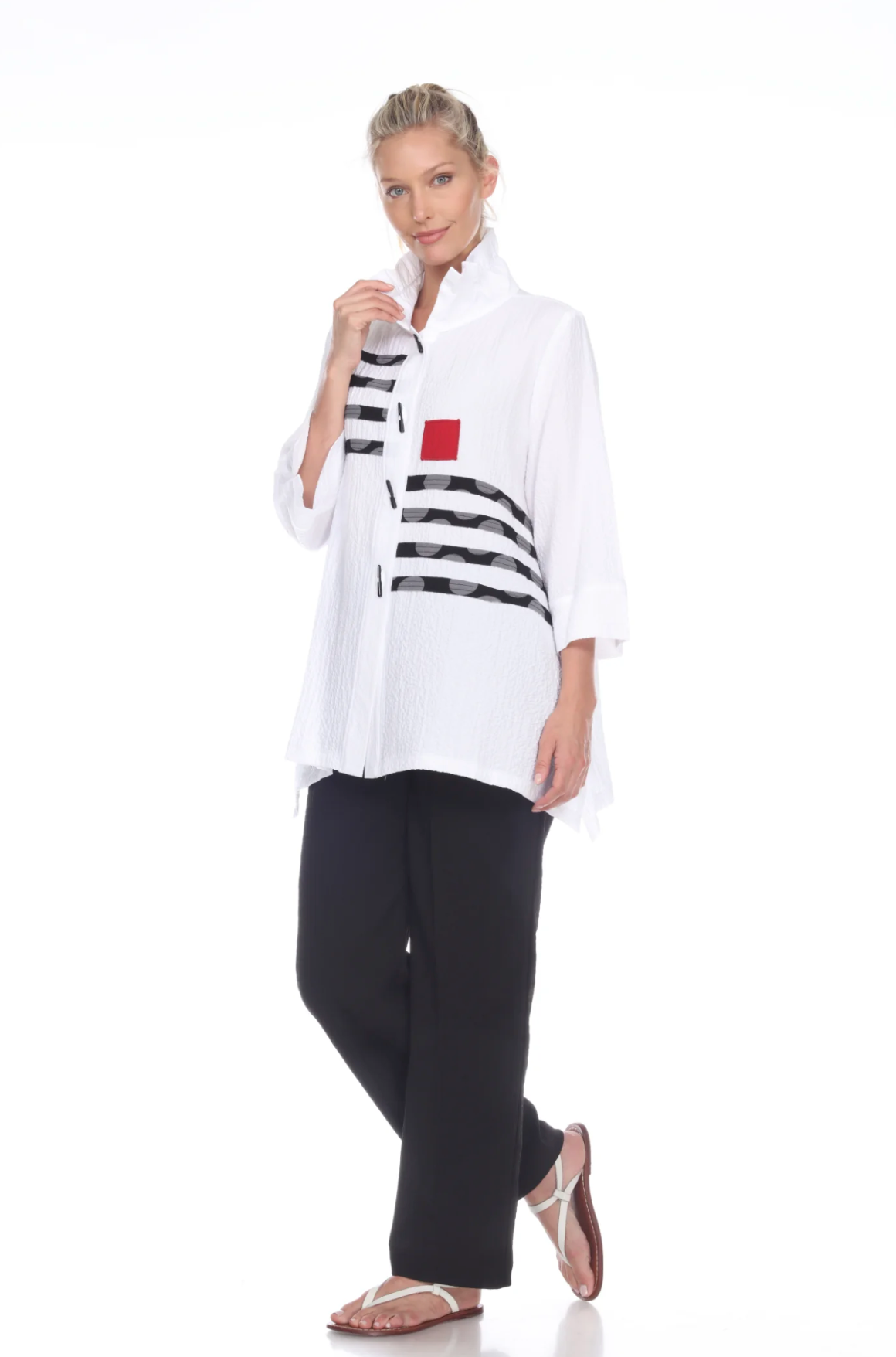 MOONLIGHT White Stripe Polka-Dot Button Front Shirt Jacket - 2784