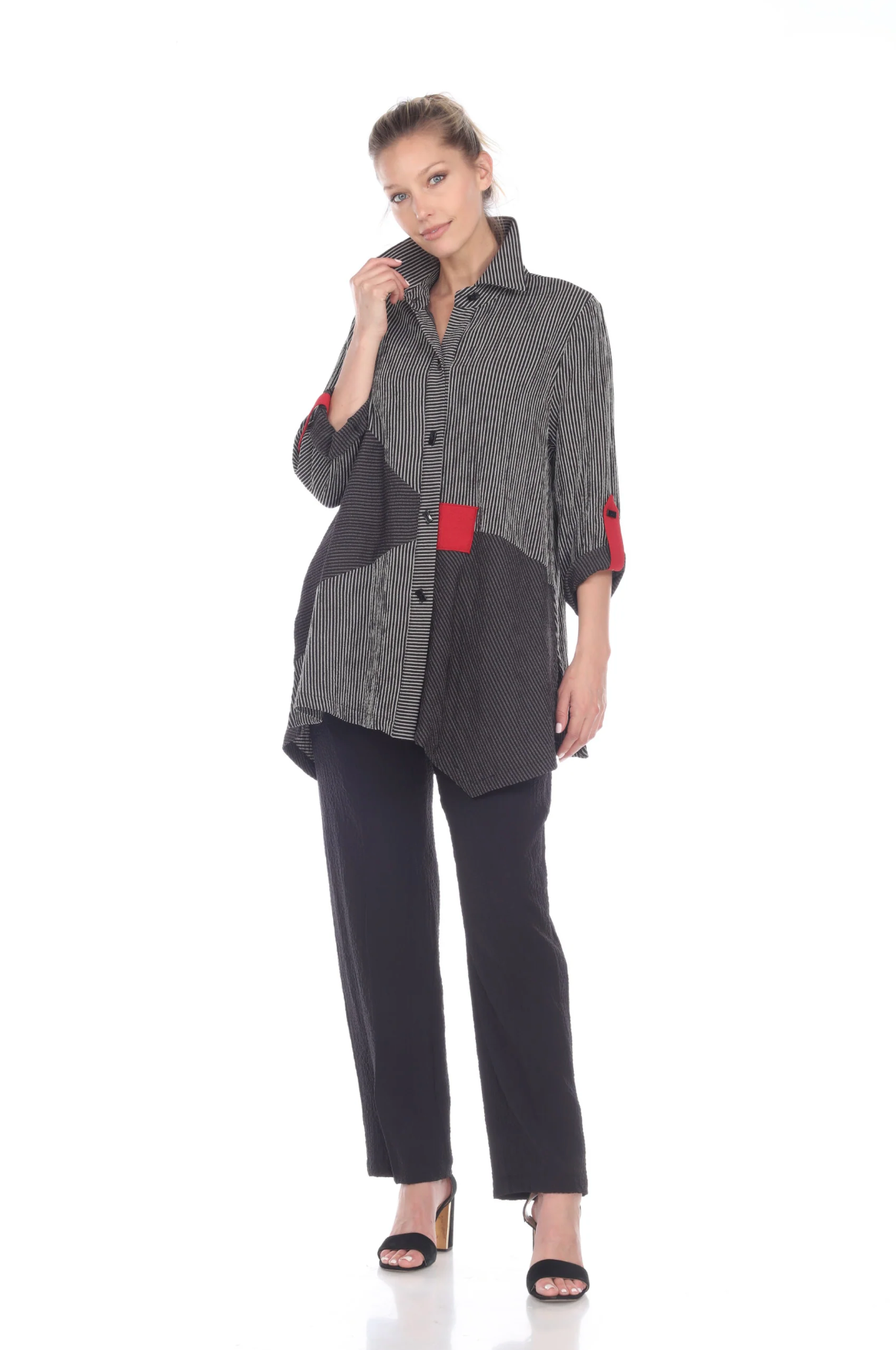 MOONLIGHT Grey, Black & Red Accent Striped Button Front Shirt Jacket - 2169