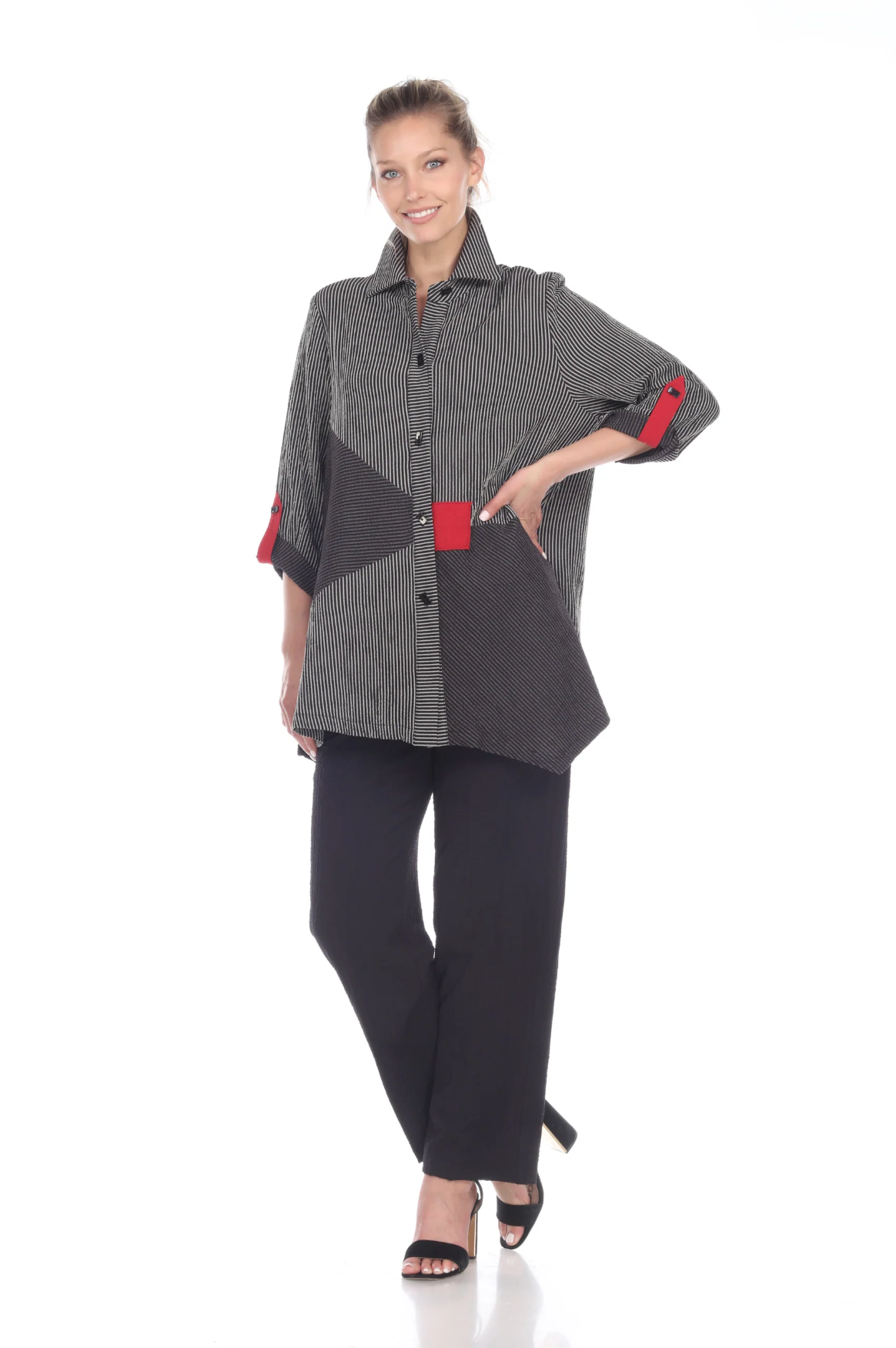 MOONLIGHT Grey, Black & Red Accent Striped Button Front Shirt Jacket - 2169