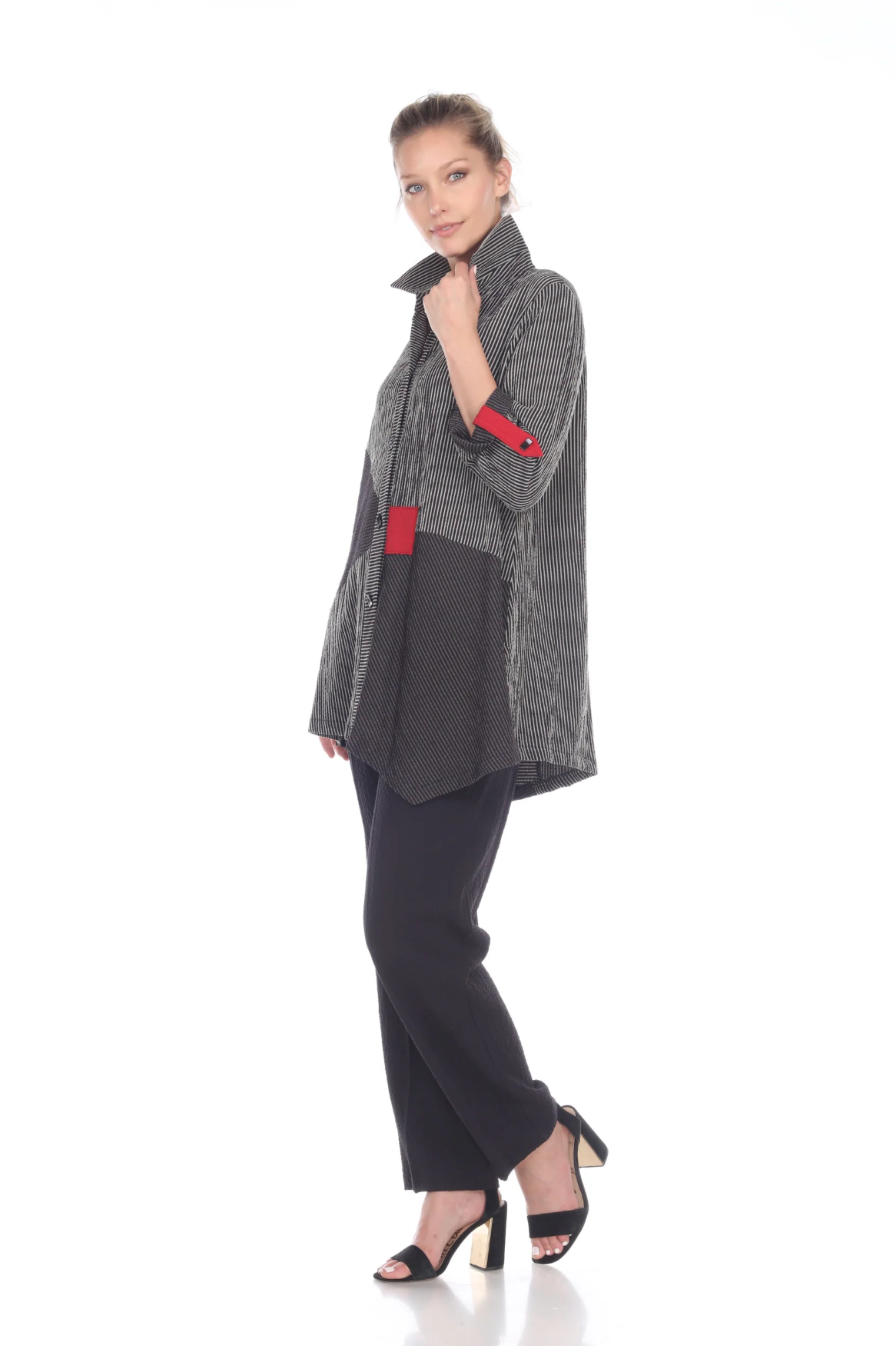 MOONLIGHT Grey, Black & Red Accent Striped Button Front Shirt Jacket - 2169