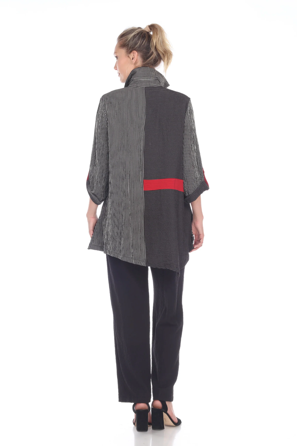 MOONLIGHT Grey, Black & Red Accent Striped Button Front Shirt Jacket - 2169