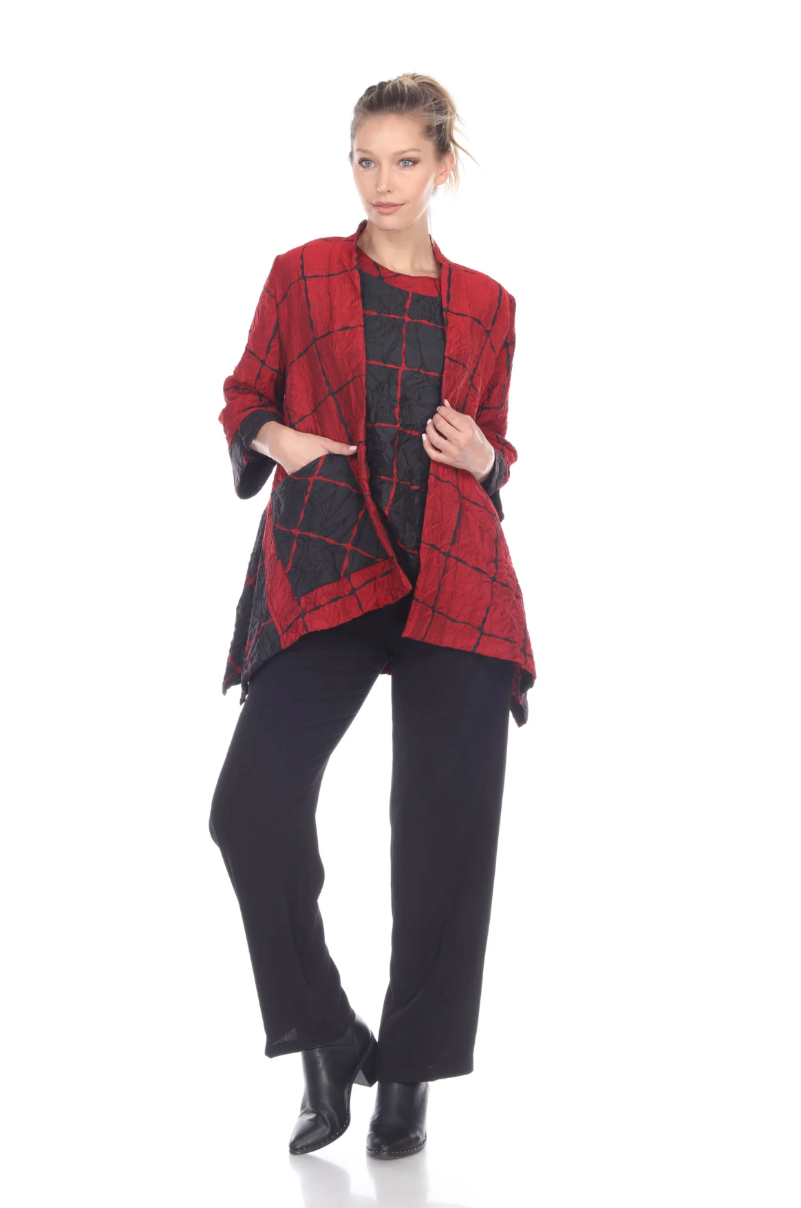 MOONLIGHT Red & Black Check Print Open Front High-Low Jacket - 3124-RD