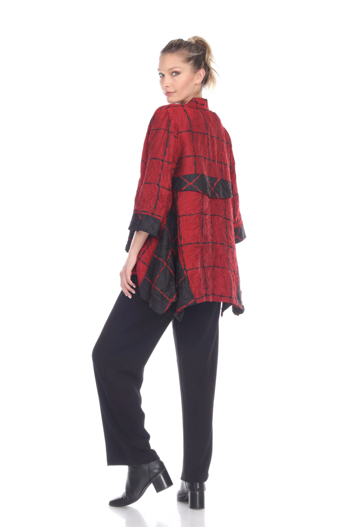 MOONLIGHT Red & Black Check Print Open Front High-Low Jacket - 3124-RD