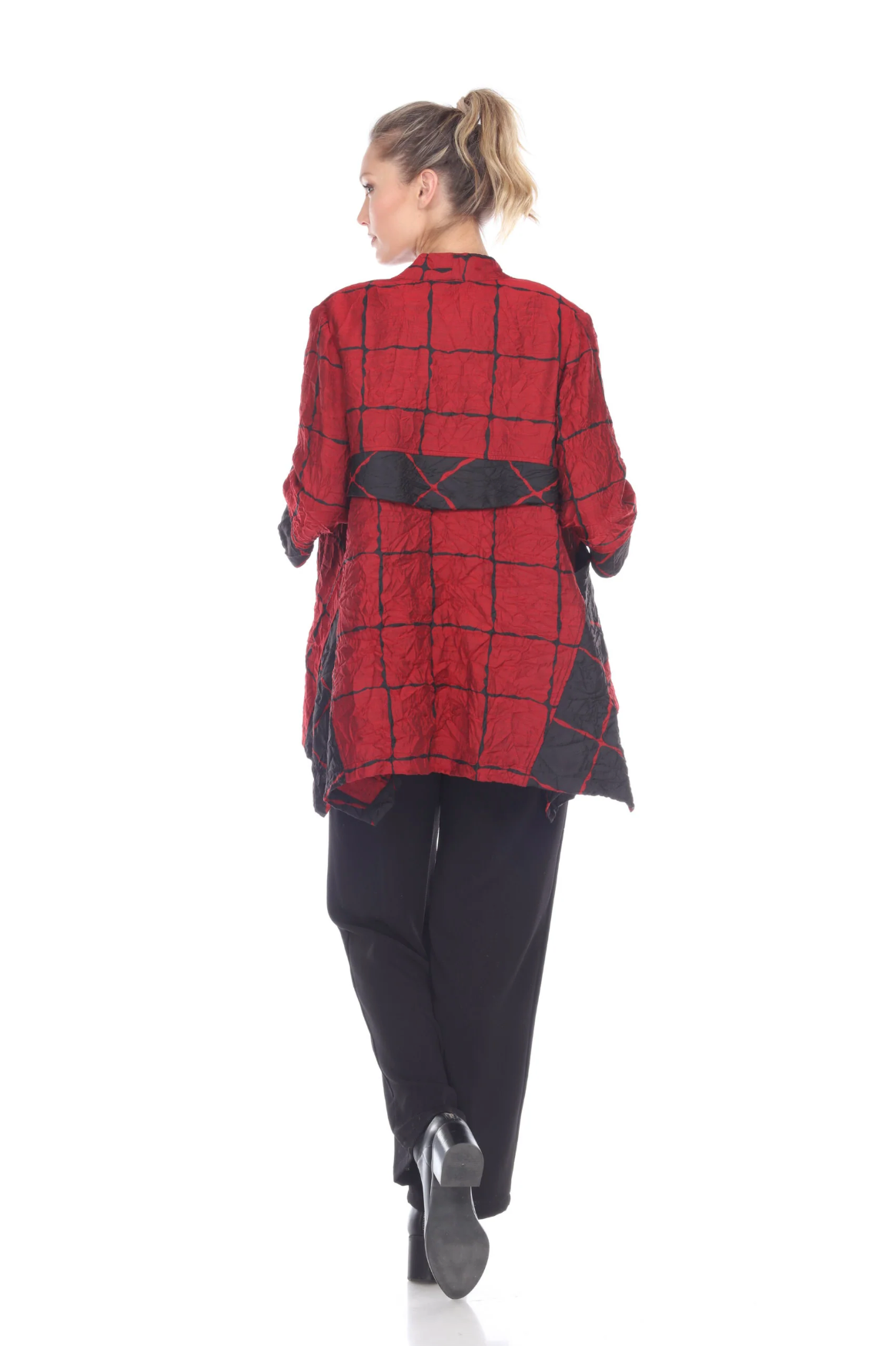 MOONLIGHT Red & Black Check Print Open Front High-Low Jacket - 3124-RD