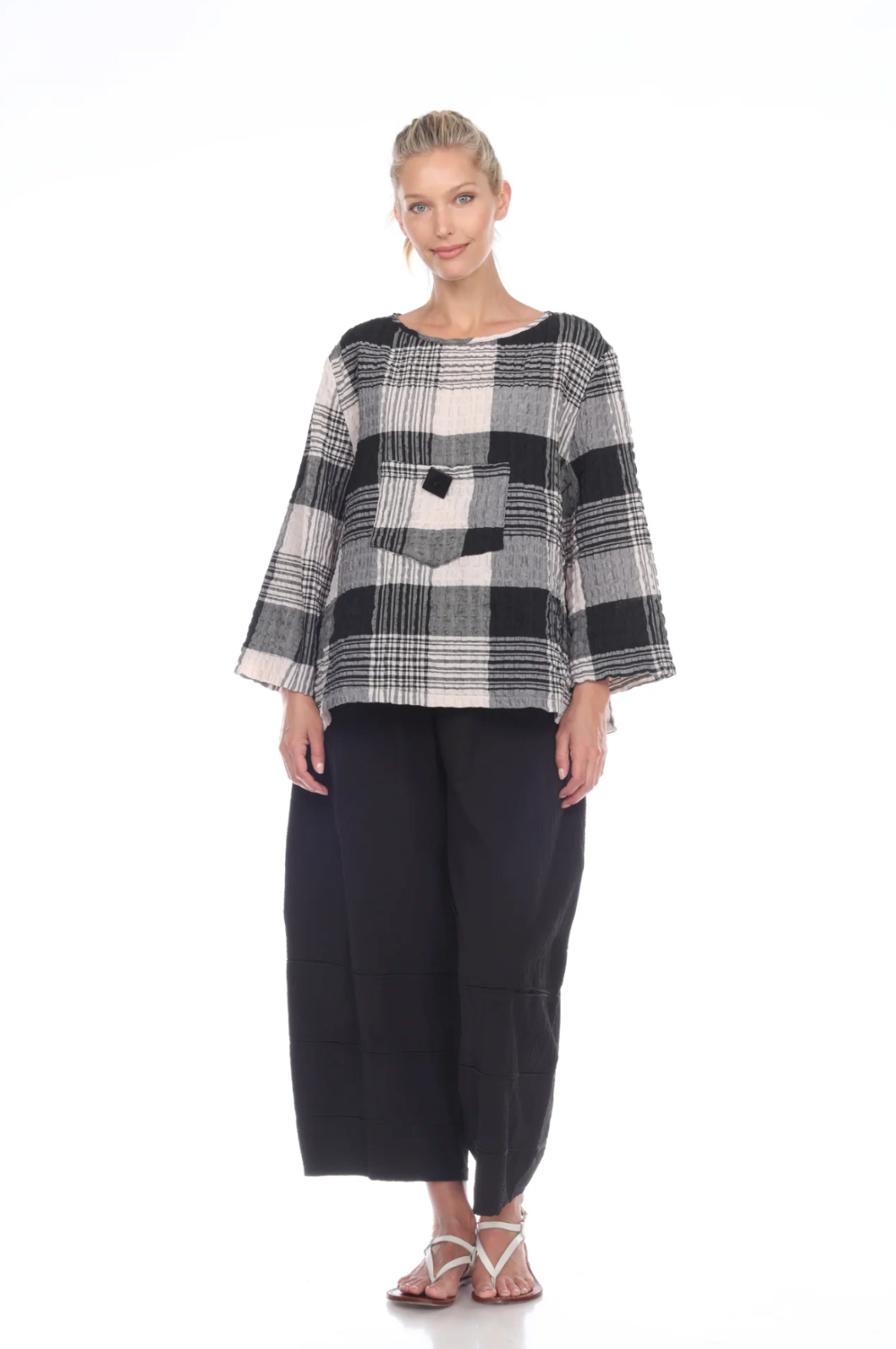MOONLIGHT Black, White & Gray Check-Print Pocket Top - 2180