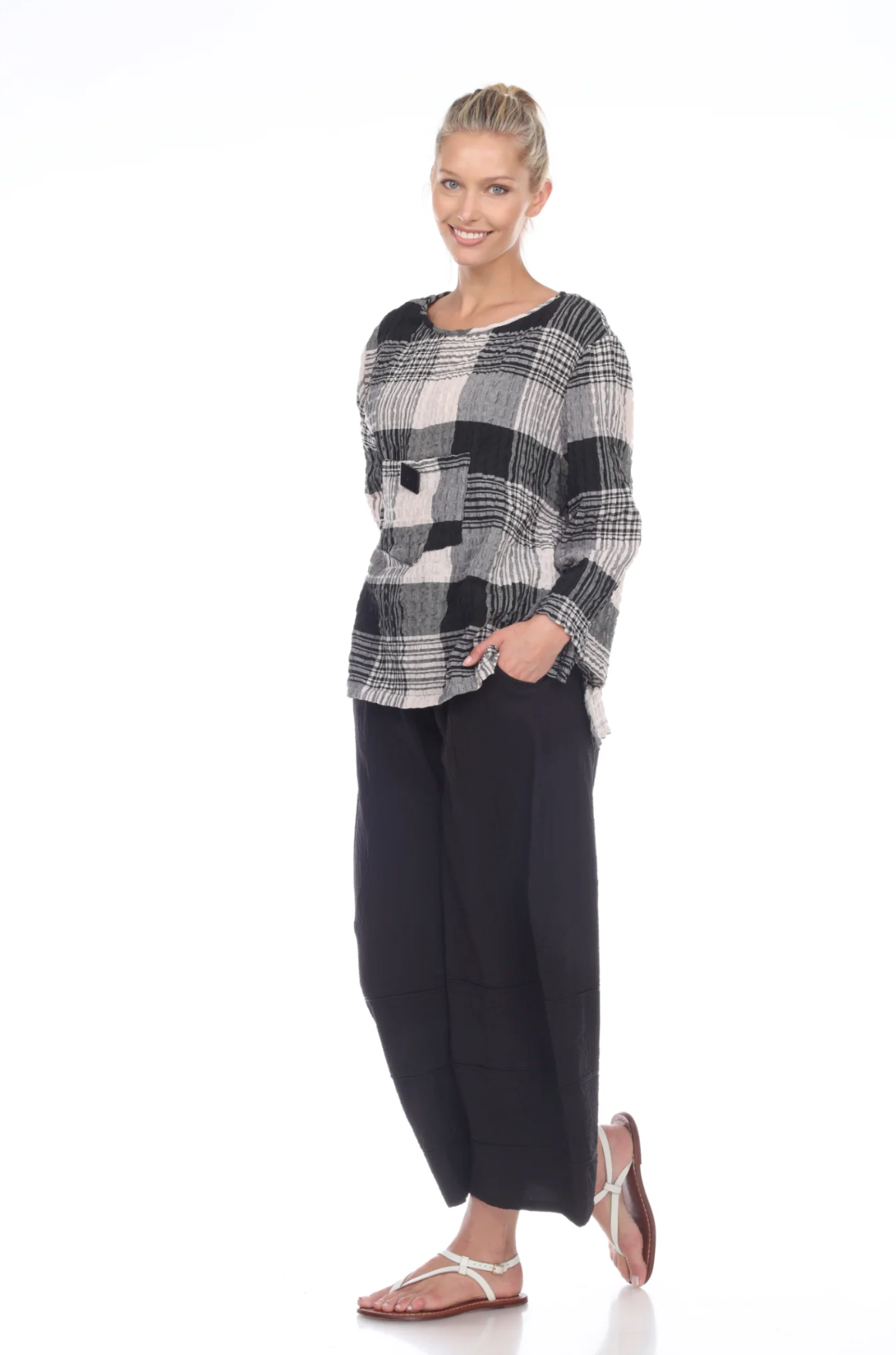 MOONLIGHT Black, White & Gray Check-Print Pocket Top - 2180