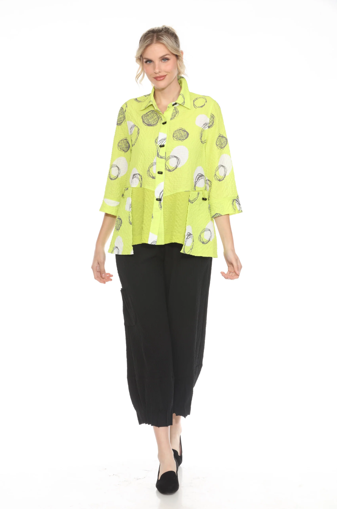 MOONLIGHT Bright Neon Black & White Circle Design Button Down Top - 4039 - LIME