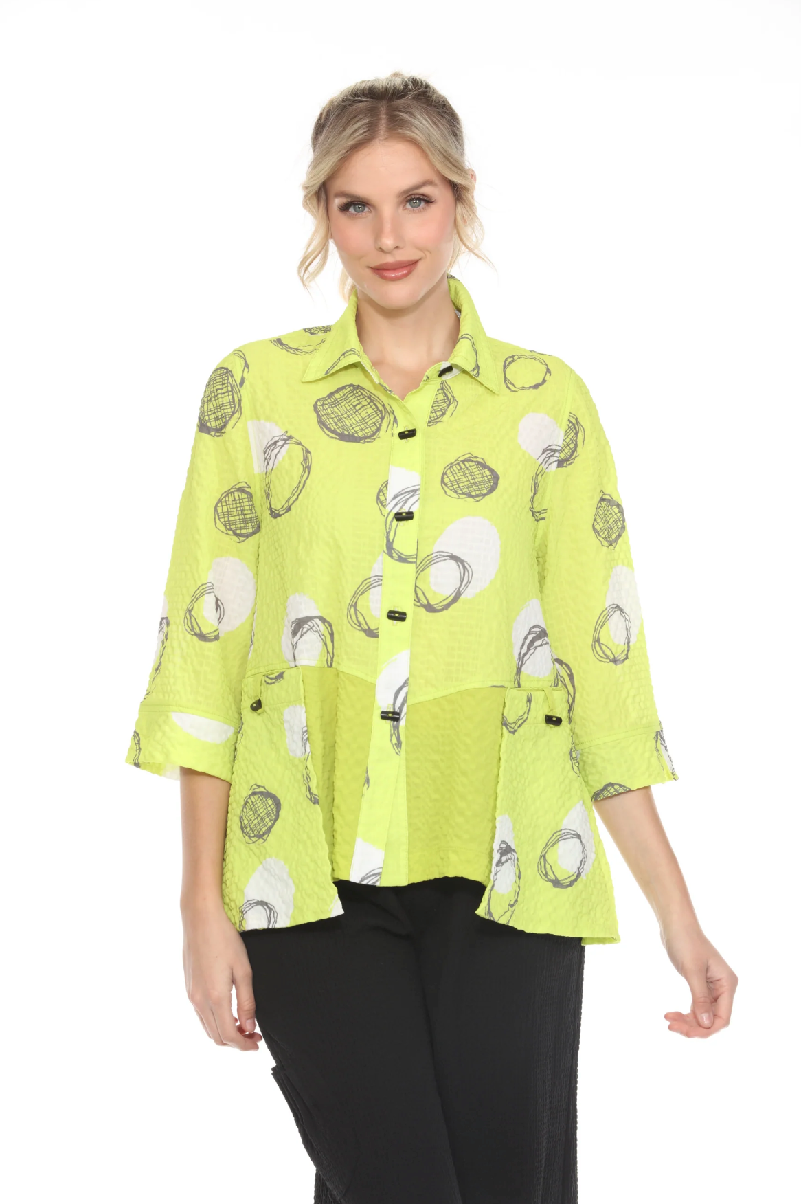 MOONLIGHT Bright Neon Black & White Circle Design Button Down Top - 4039 - LIME