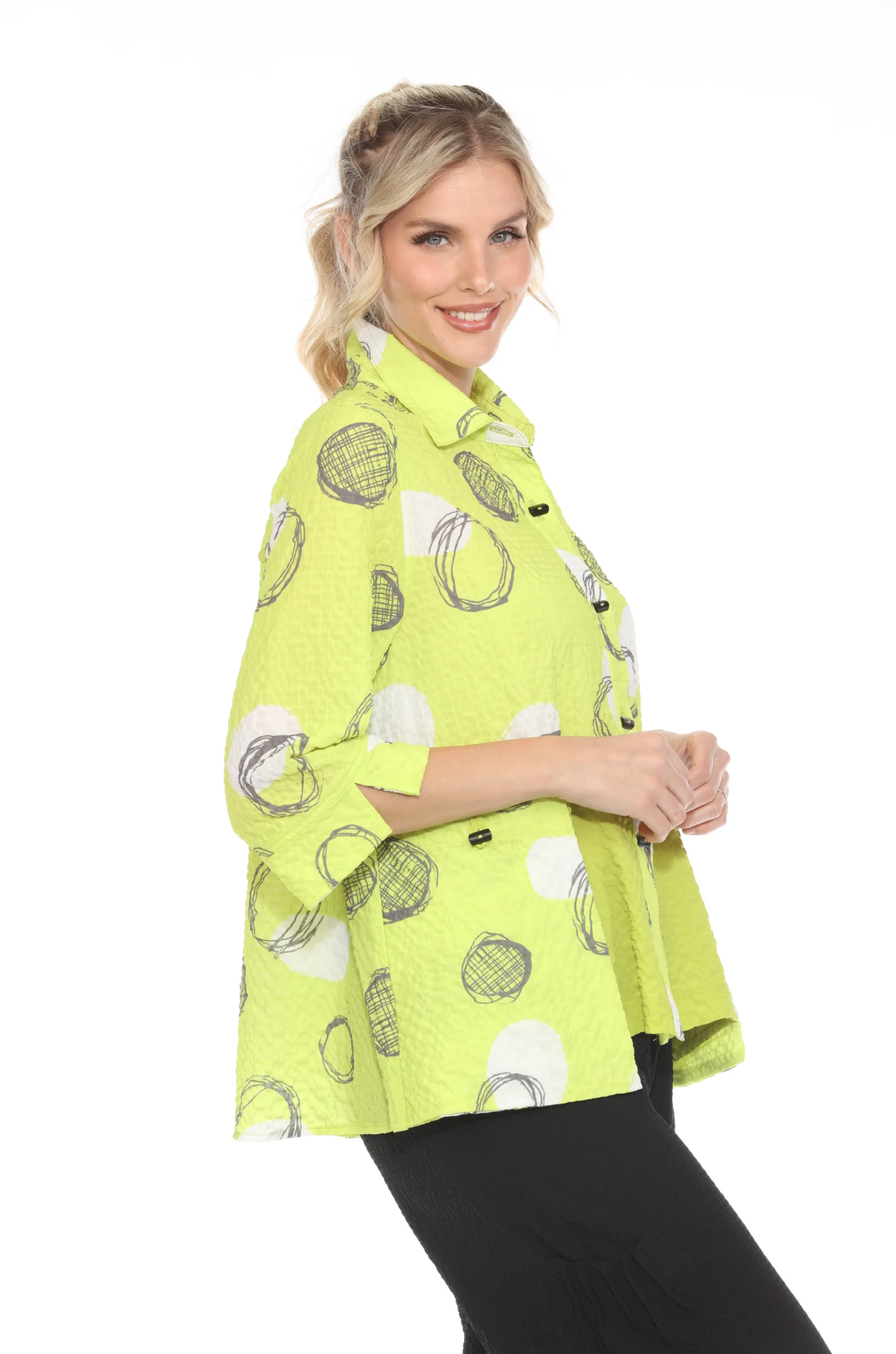 MOONLIGHT Bright Neon Black & White Circle Design Button Down Top - 4039 - LIME