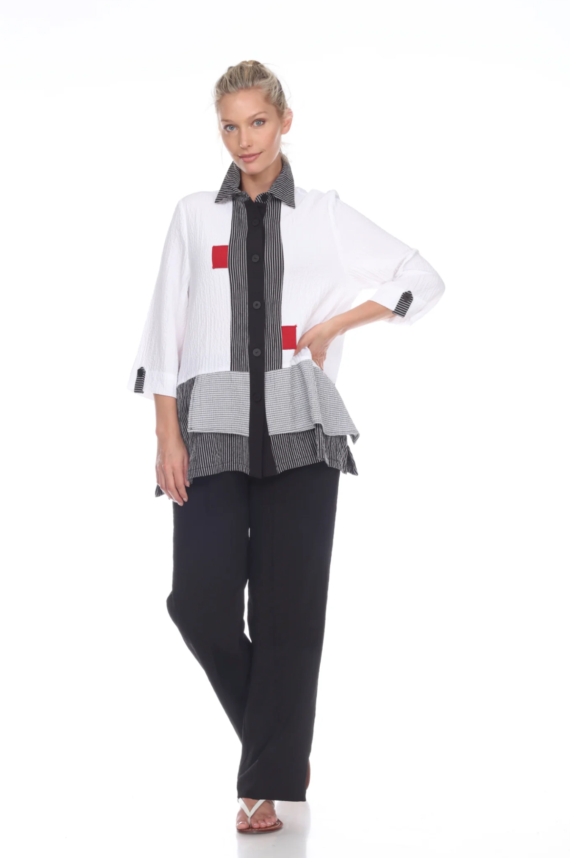 MOONLIGHT Black, White & Red Colorblock Button Front Shirt - 2174-BWR
