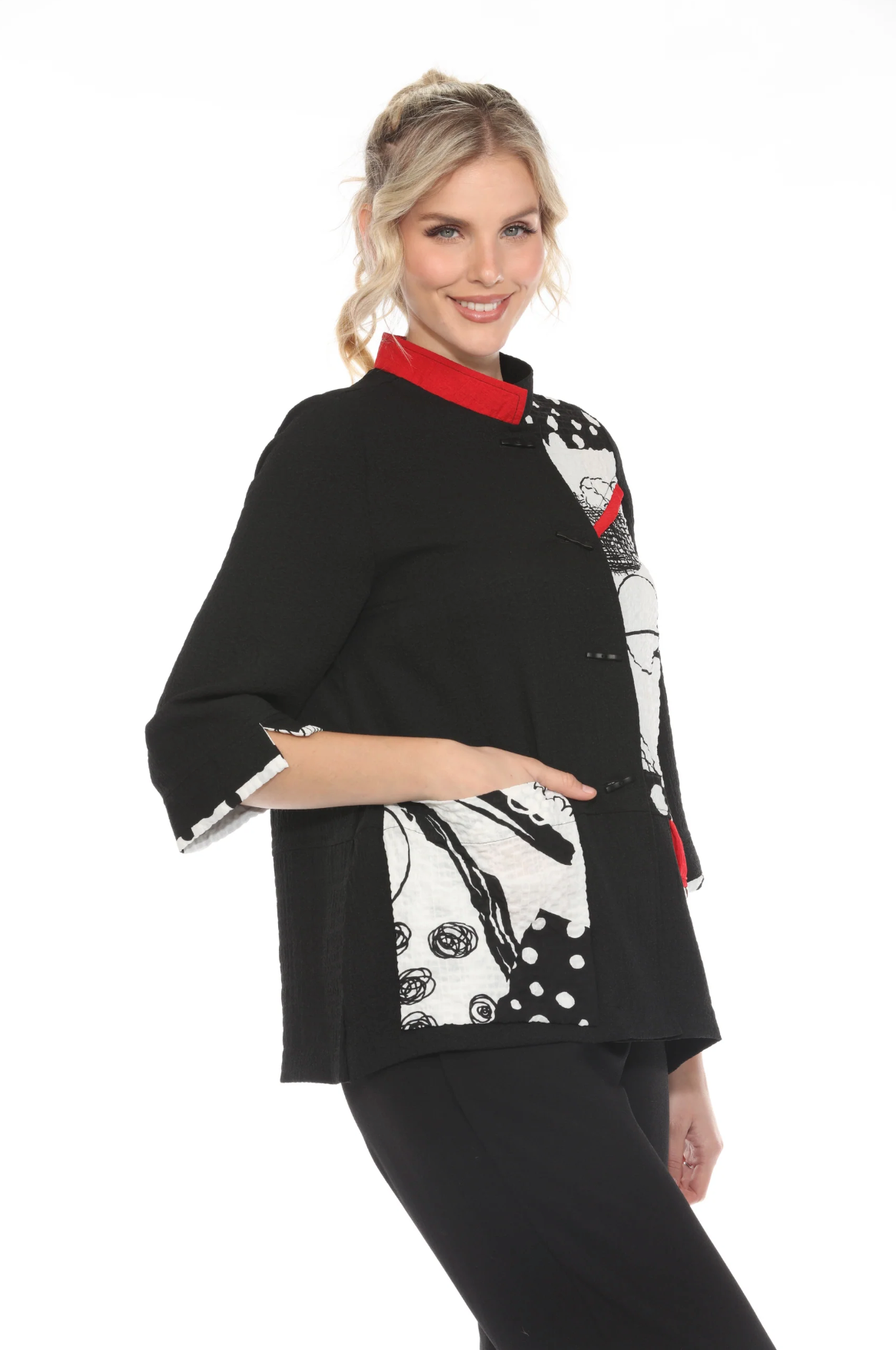 MOONLIGHT Black, White & Red Colorblock Abstract Print Jacket - 4043
