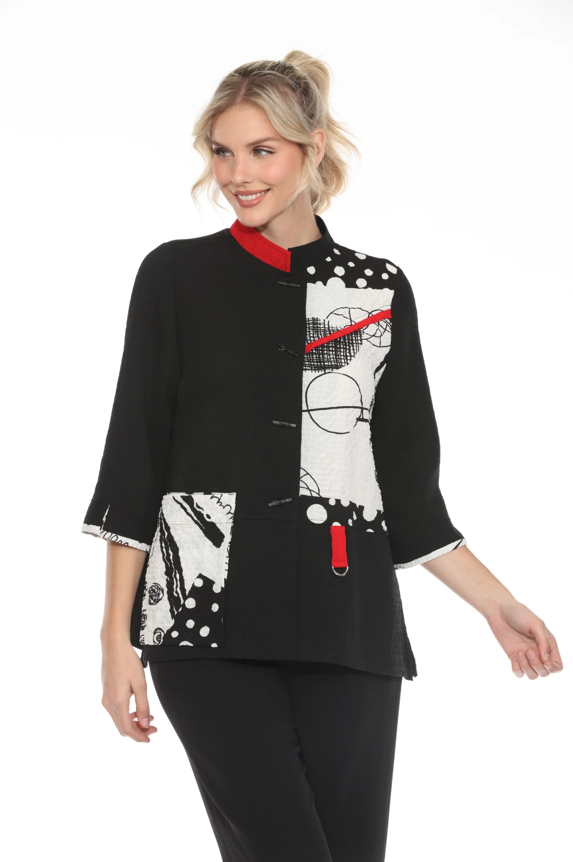 MOONLIGHT Black, White & Red Colorblock Abstract Print Jacket - 4043