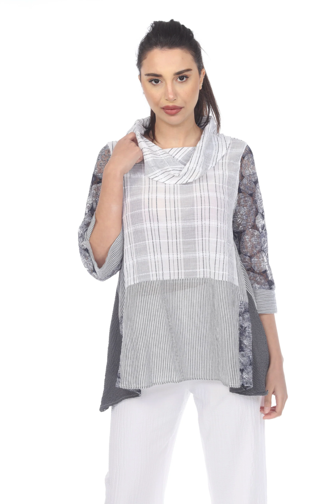 MOONLIGHT Gray & White Mixed Media Cowl Neck Tunic - 3271