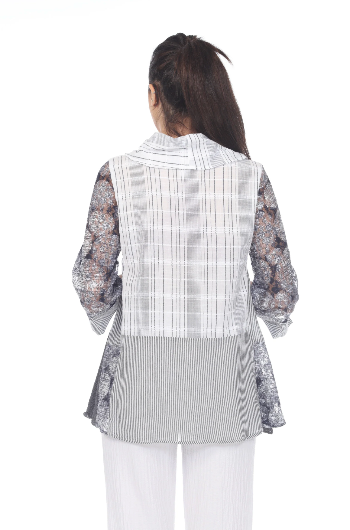 MOONLIGHT Gray & White Mixed Media Cowl Neck Tunic - 3271