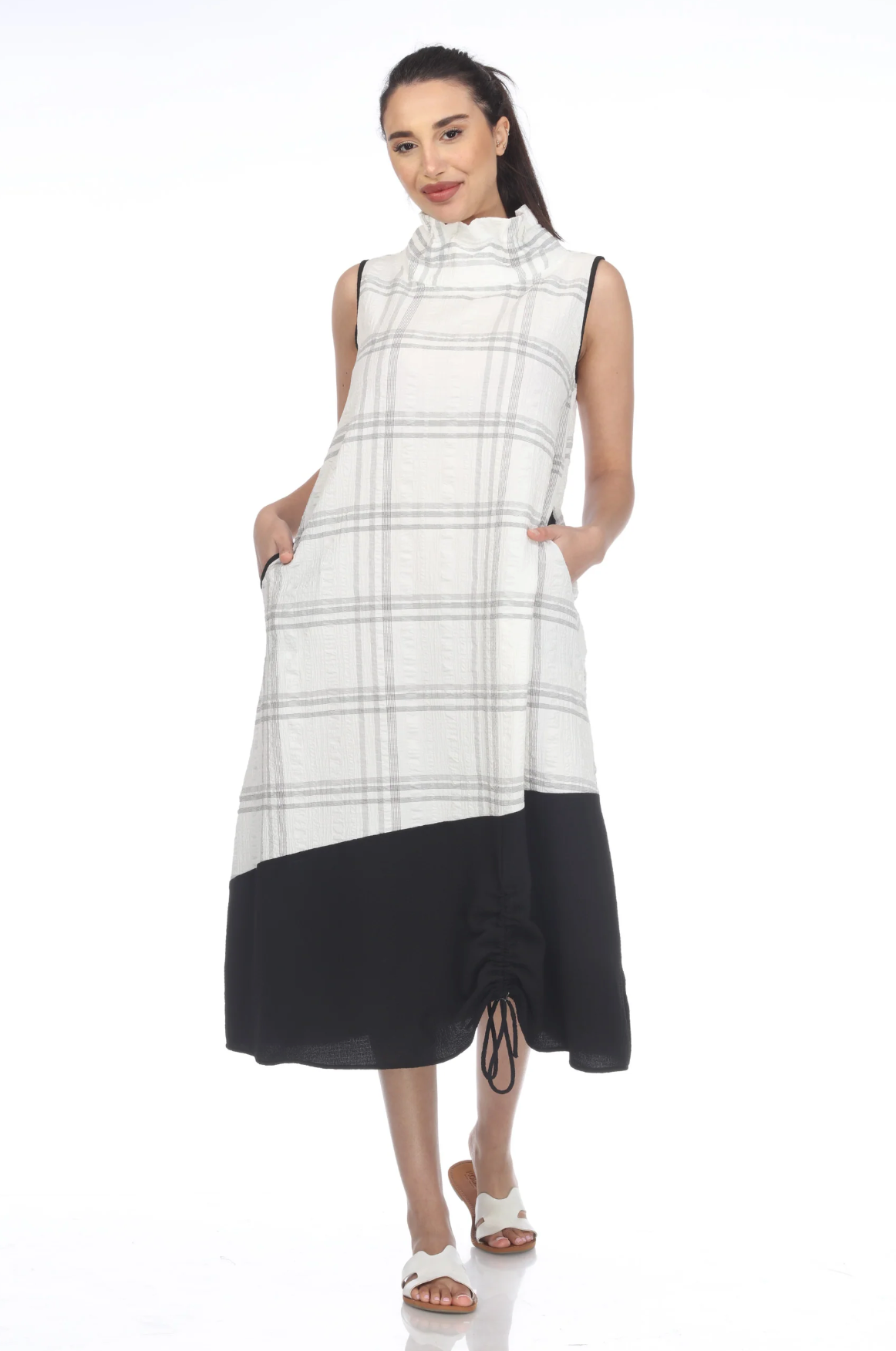 MOONLIGHT White & Black Long Checkered Cowl Neck Dress - 3486 CK