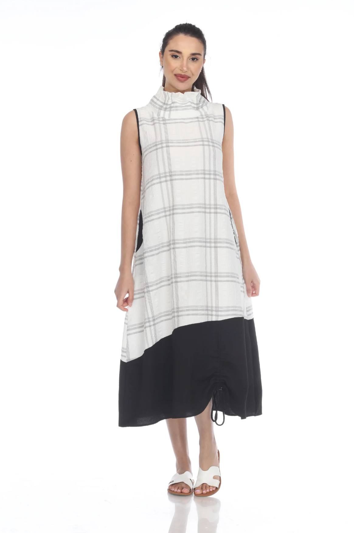 MOONLIGHT White & Black Long Checkered Cowl Neck Dress - 3486 CK