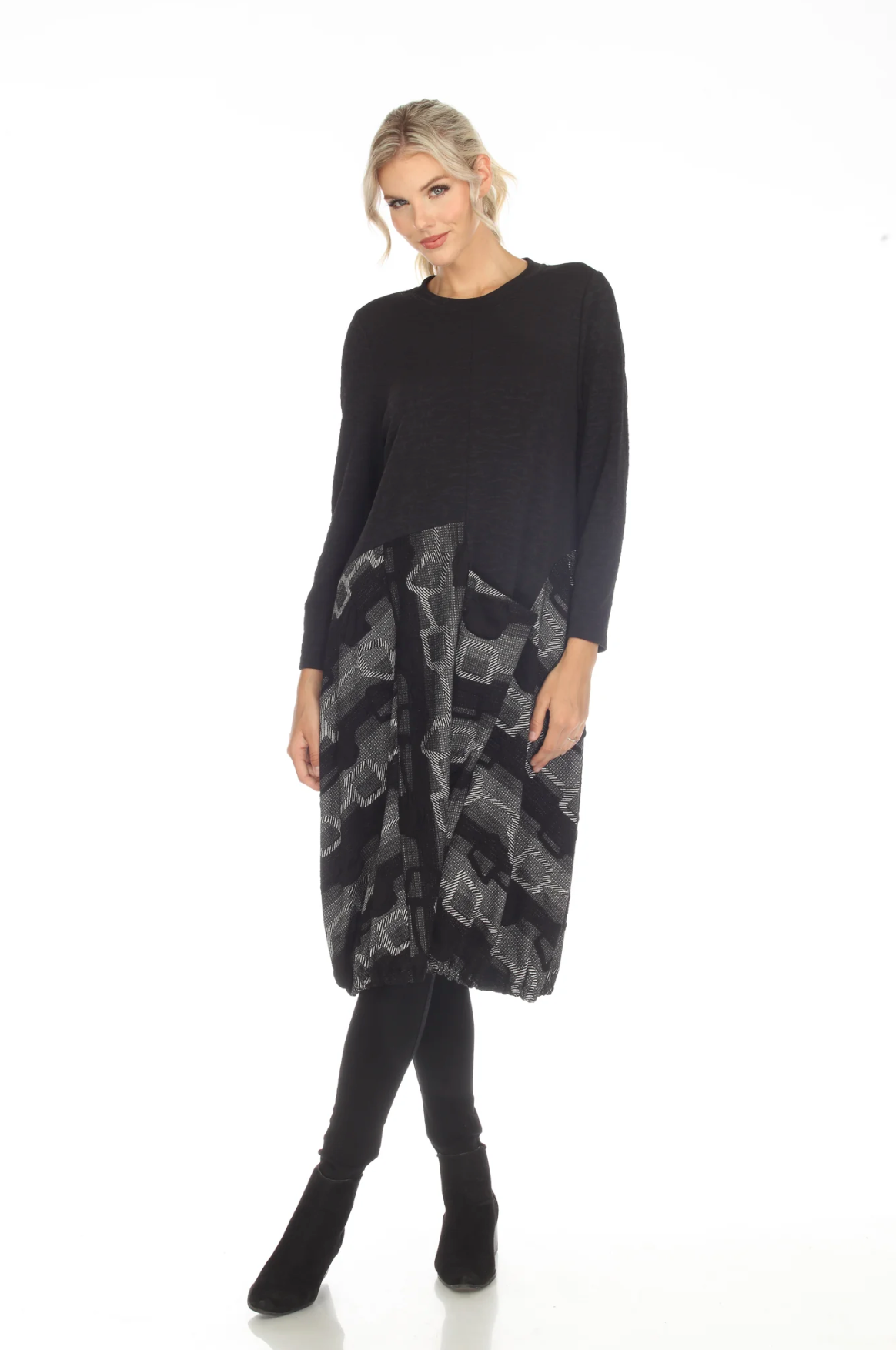 MOONLIGHT Black & Gray Link Print Long Sleeve Dress - 3558