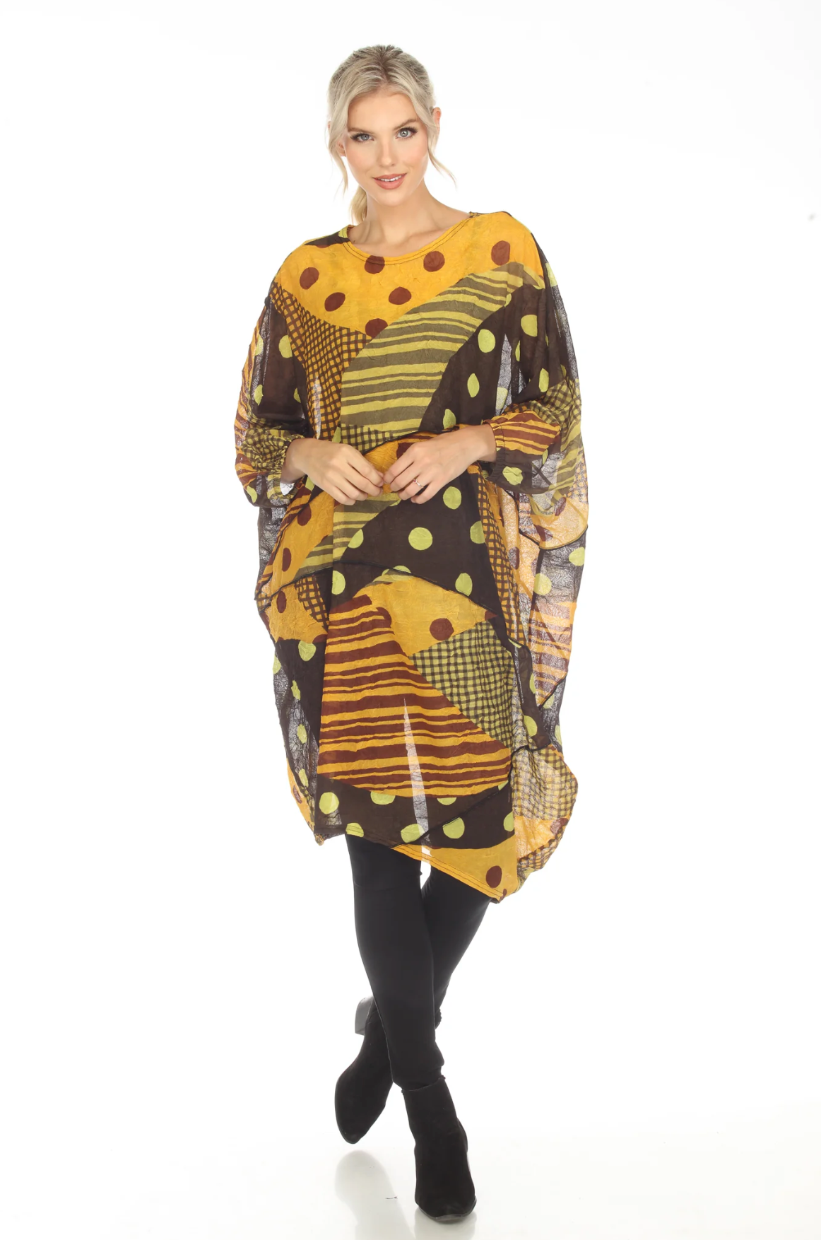 MOONLIGHT Yellow & Gray Abstract Mixed Media Layered Dress - 3788POK