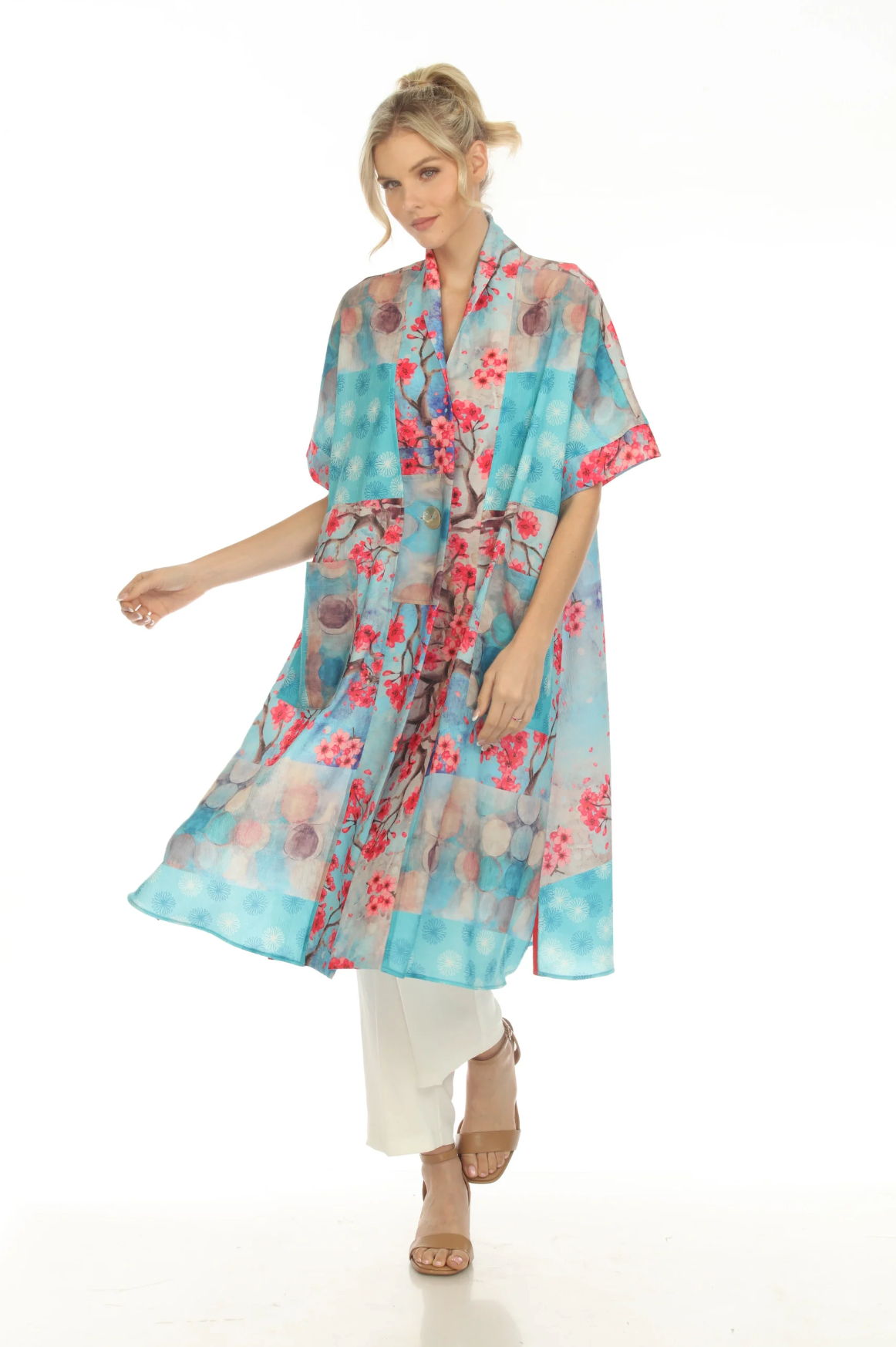 MOONLIGHT Blue & Pink Floral Button Long Cover Dress - 3869