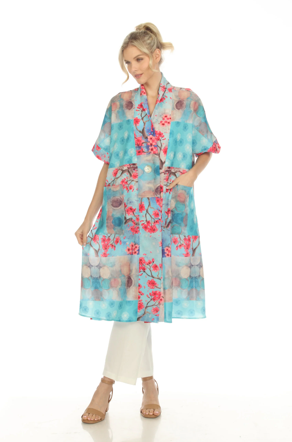 MOONLIGHT Blue & Pink Floral Button Long Cover Dress - 3869