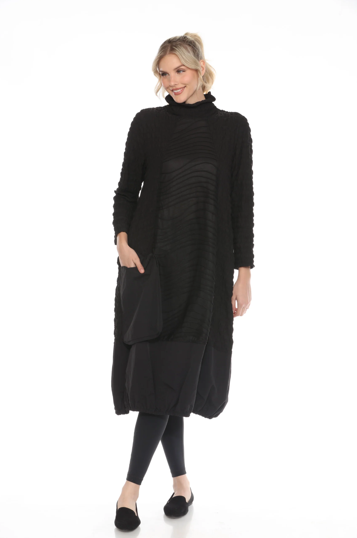 MOONLIGHT Simple Solid Black Long Sleeve Cowl Neck Pocket Dress - 3912