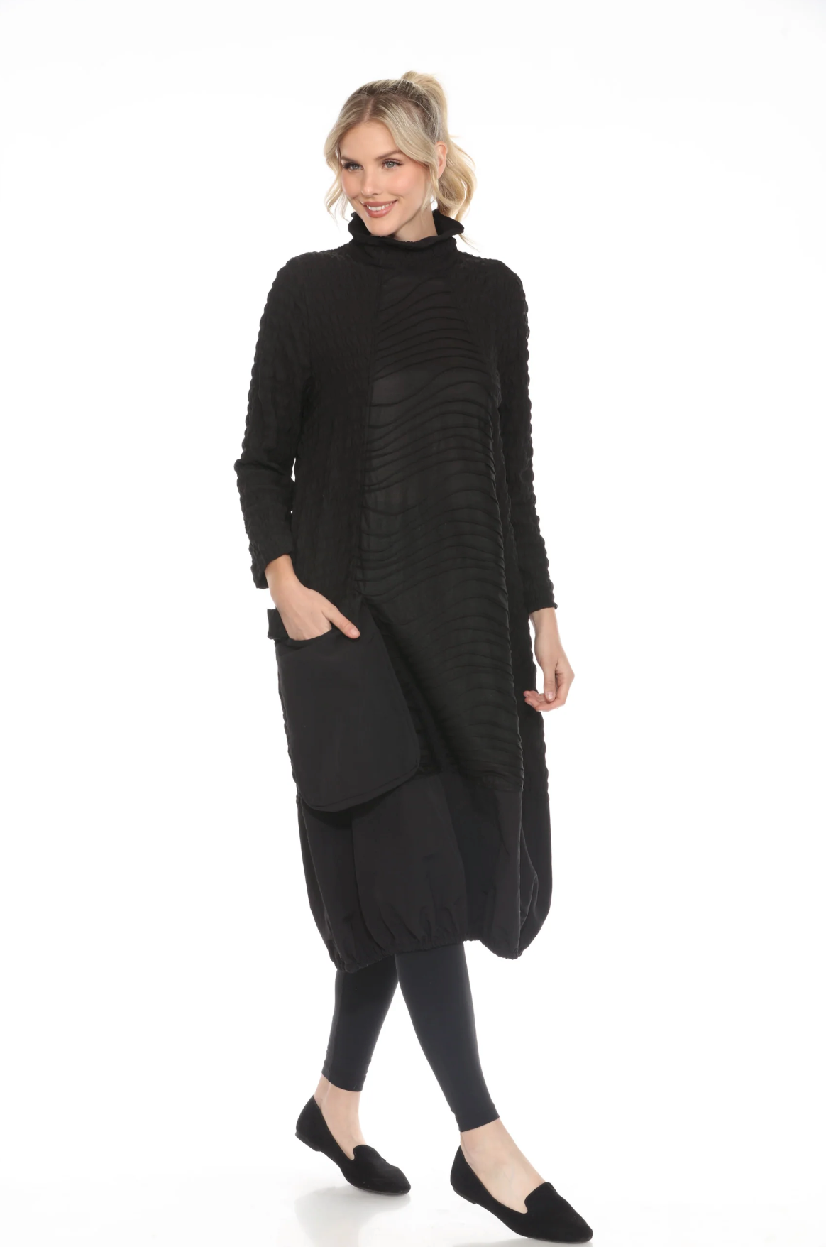 MOONLIGHT Simple Solid Black Long Sleeve Cowl Neck Pocket Dress - 3912