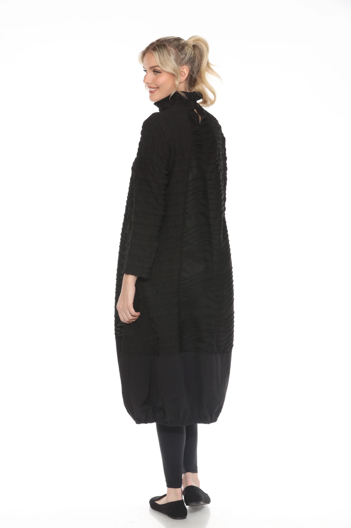 MOONLIGHT Simple Solid Black Long Sleeve Cowl Neck Pocket Dress - 3912
