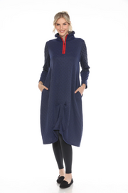MOONLIGHT Navy & Red Accent Zipper Front Textuted Pocket Dress - 3913