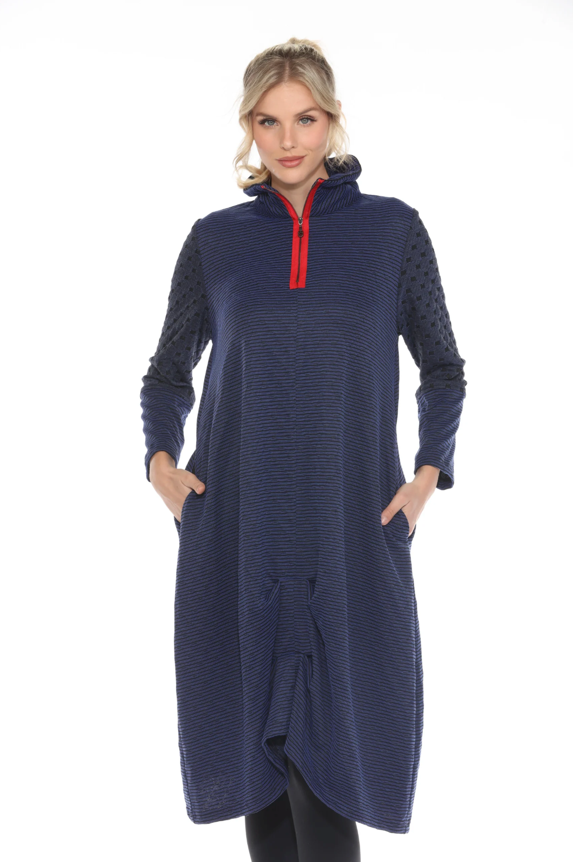 MOONLIGHT Navy & Red Accent Zipper Front Textuted Pocket Dress - 3913