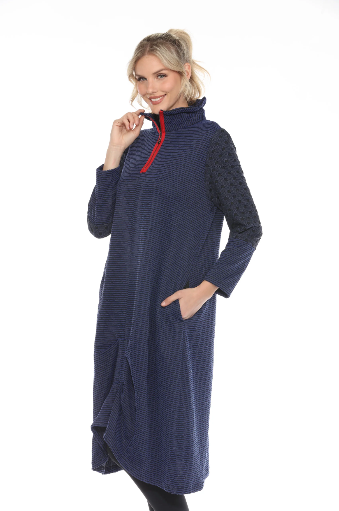 MOONLIGHT Navy & Red Accent Zipper Front Textuted Pocket Dress - 3913